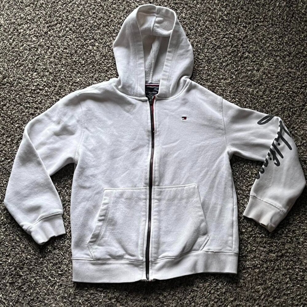 Tommy Hilfiger Zip Up Hoodie Womens Medium White 100% Cotton Long Sleeve Preppy - Picture 1 of 7